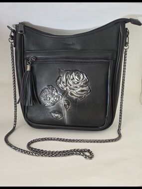 Black Vegan Leather Crossbody Bag Edgy, Biker, Rocker With Embossed Silver Rose